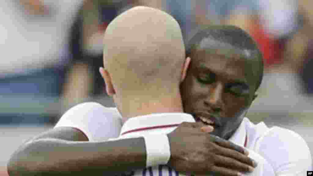 United States's Jozy Altidore celebrates his second goal against Nigeria with teammate Michael Bradley.