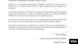 Message de condoléances de Jean-Pierre Bemba