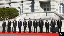 Thủ tướng Nhật Bản Shinzo Abe, giữa, và các nhà lãnh đạo ASEAN tại hội nghị thượng đỉnh Nhật Bản-ASEAN ở Tokyo, 14/12/2013
