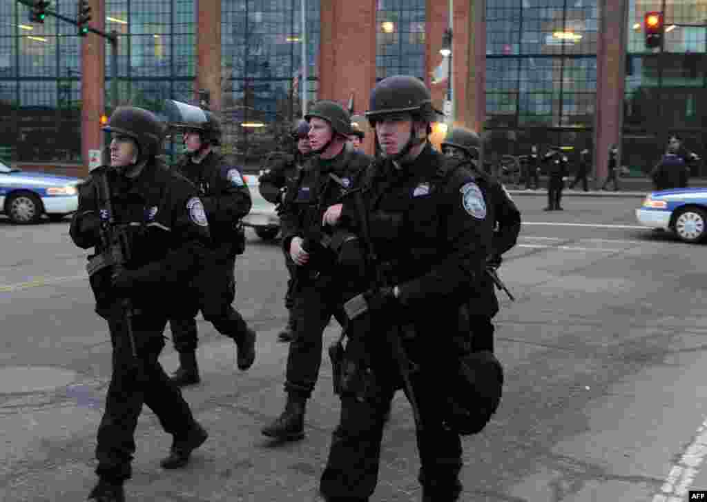 Police on School and Walnut Street as the search continues for a suspect on April 19, 2013 in Watertown, Massachusetts.