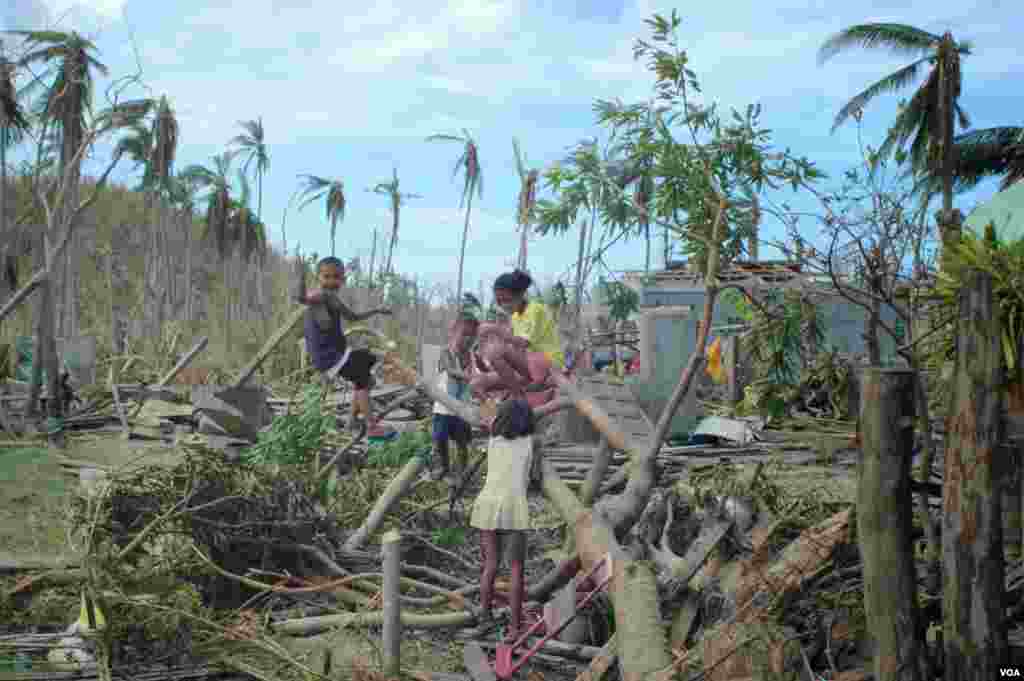 Children play on limbs of a fallen tree in front of their destroyed home, Cebu, Philippines, Nov. 15, 2013. (Steve Herman/VOA)