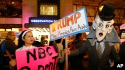 Protesters opposed Republican presidential candidate Donald Trump demonstrate in front of NBC Studios Wednesday, Nov. 4. Trump hosted NBC’s "Saturday Night Live” on Nov. 7.
