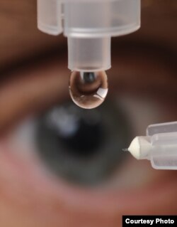A microneedle used to inject glaucoma medications into the eye is shown next to a liquid drop from a conventional eye dropper. (Georgia Tech Photo: Gary Meek