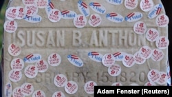 The grave of women's suffrage leader Susan B. Anthony is pictured covered with "I Voted" stickers from the U.S. presidential election at Mount Hope Cemetery in Rochester, New York November 8, 2016. 