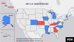 This map shows states that have competitive U.S. Senate races that could decide control of that chamber of Congress.