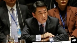 지난 22일 미국 뉴엔 본부에서 열린 유엔 안보리 회의에서 오준 한국 대사가 발언하고 있다.