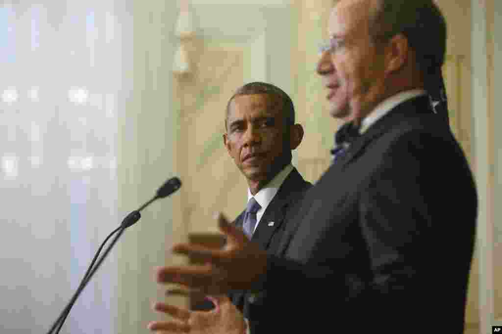 President Barack Obama at a news conference with Estonian President Toomas Hendrik, wherein Obama&nbsp;commented about U.S. journalist Steven Sotloff, killed by Islamic State militants, Tallinn, Estonia, Sept. 3, 2014.