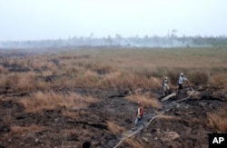 FILE - Workers spray water to contain a wildfire in peatland in Pedamaran, South Sumatra, Indonesia, Oct. 27, 2015.