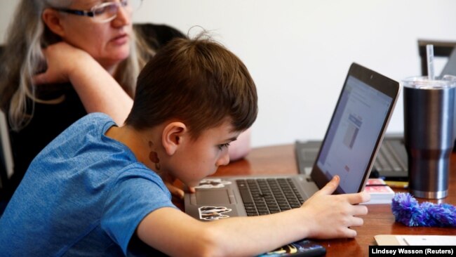 2020年3月11日华盛顿州小学四年级学生在电脑上查找作业指导