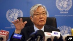FILE - Tadamichi Yamamoto, United Nations Special Representative of the Secretary-General for Afghanistan, speaks during a press conference in Kabul, Afghanistan, May 15, 2018.