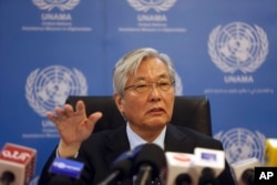 FILE - Tadamichi Yamamoto, U.N. special representative for Afghanistan, speaks during a press conference in Kabul, Afghanistan, May 15, 2018.