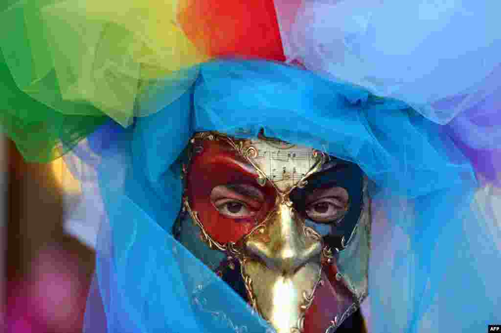 A costumed reveller poses near Saint Mark&#39;s square during the carnival titled &quot; Wonder and Fantasy Nature&quot;,&nbsp; in Venice, Italy.