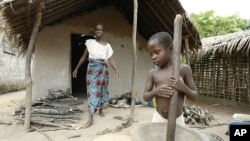 A boy from the ethnic Guere grinds rice near his mother at Fengolo, a village in western Ivory Coast (File Photo).