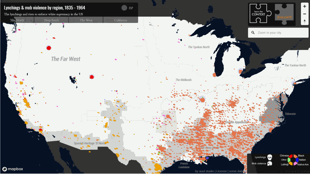 Lynchings & mob violence by region, 1835 - 1964