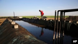 FILE - A former farmer at a primitive refinery makes crude oil into diesel and other products in Syria, April 6, 2018.