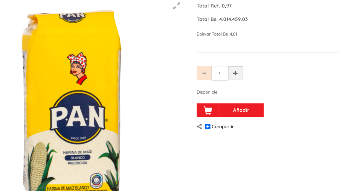 Marcaje de precios en bolívares de un paquete de harina de maíz en la página de un supermercado. Foto: Captura de pantalla.