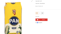 Marcaje de precios en bolívares de un paquete de harina de maíz en la página de un supermercado. Foto: Captura de pantalla.