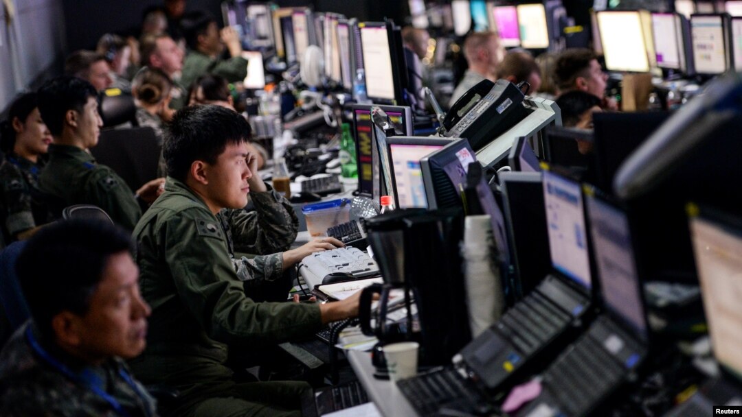 FILE - Members from U.S. and South Korean militaries man the Hardened Theater Air Control Center during the first day of Ulchi Freedom Guardian at Osan Air Base, South Korea, Aug. 17, 2015