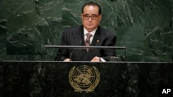 제69차 유엔총회에서 회원국 대표연설을 하고 있는 리수용 북한 외무상. (자료사진)