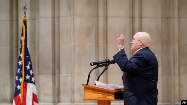 Former Deputy Secretary of State Richard Armitage gives a eulogy during the funeral for former Secretary of State Colin Powell at the Washington National Cathedral, in Washington, Nov. 5, 2021.