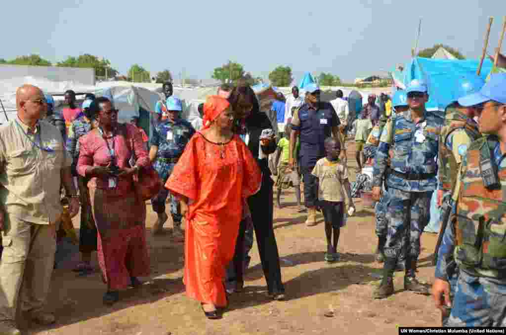 The executive director of UN Women, Phumzile Mlambo-Ngcuka (third from left) said during a visit in February to a U.N. base in Juba where thousands of people have sought shelter from unrest in South Sudan that women should be given a bigger role in the peace process, and they and children are bearing the brunt of the conflict.