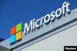 The Microsoft logo in Los Angeles, California, June 13, 2017.