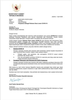 Surat bernomor 003/S-SKP-ATGP/IV/2020 dengan kop Sekretariat Kabinet berisikan kerja sama sebagai relawan desa lawan COVID-19. (Foto courtesy: Setkab).