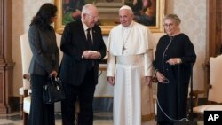 FILE - Pope Francis greets Israeli President Reuven Rivlin, 2nd left, and his wife Nechama Rivlin, right, during a private audience at the Vatican, Nov. 15, 2018. The president's office announced, June 4, 2019, Nechama Rivlin had passed away of lung failure.
