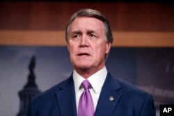 FILE - Sen. David Perdue, R-Ga., speaks during a news conference about an immigration bill on Capitol Hill, Feb. 12, 2018.