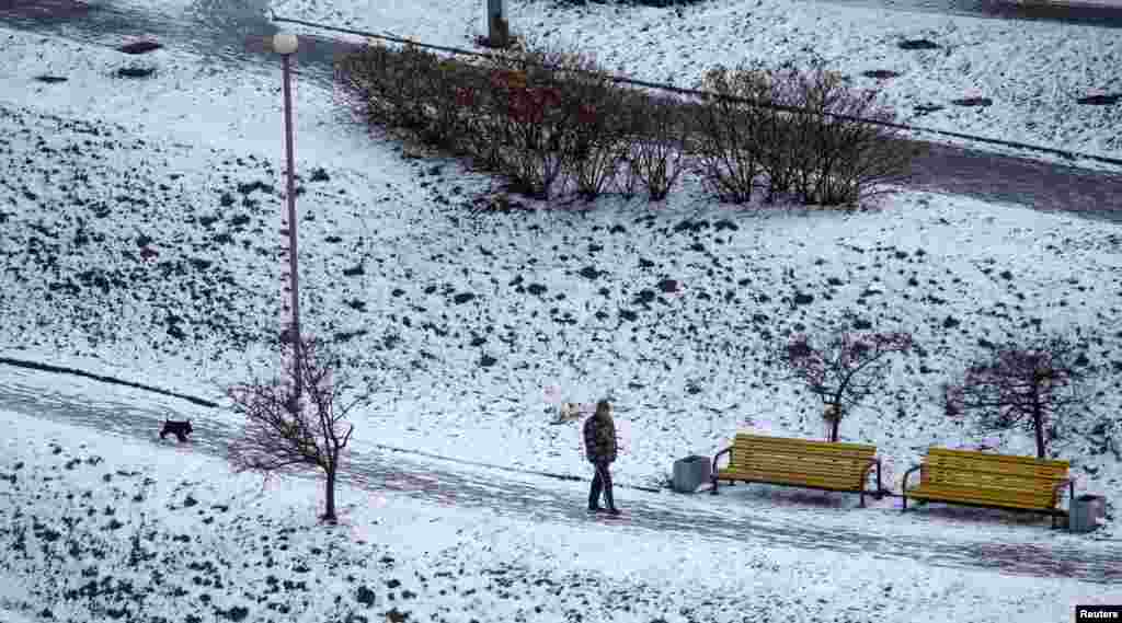 قدم زدن یک مرد به همراه سگش در هوای زمستانی بلاروس