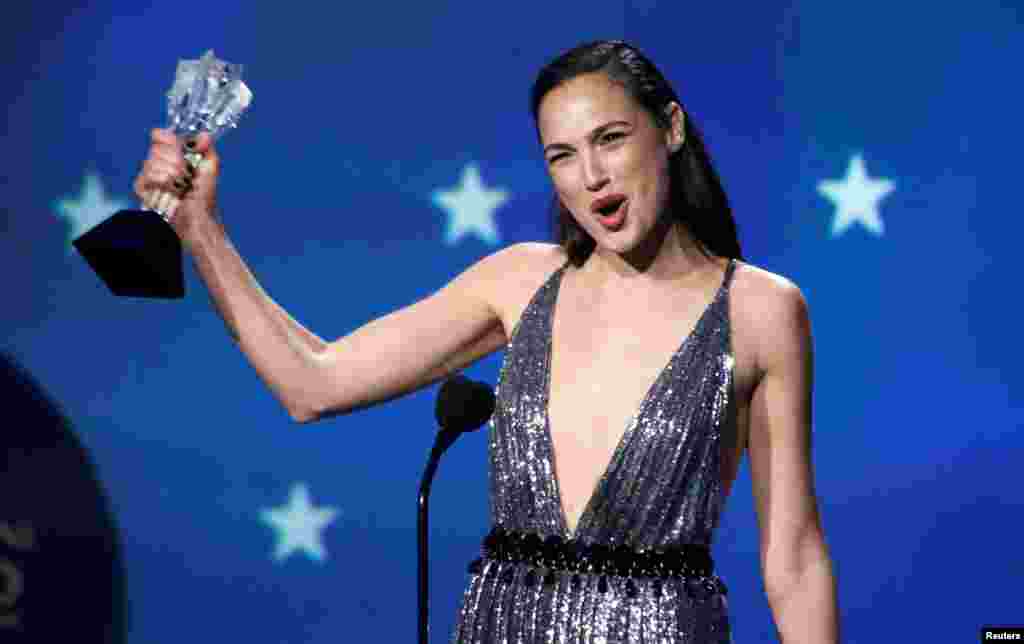 Wonder Woman actress Gal Gadot collects her #SeeHer award at last night's Critics' Choice Awards.