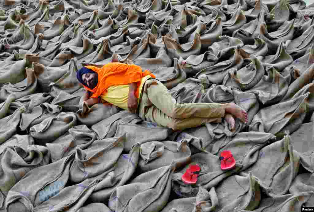 A farmer rests on rice sacks at a wholesale grain market in Chandigarh, India.