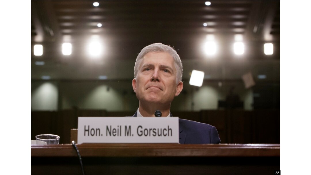 FILE - Supreme Court Justice nominee Neil Gorsuch listens on Capitol Hill in Washington, March 22, 2017, as he testifies at his confirmation hearing before the Senate Judiciary Committee.