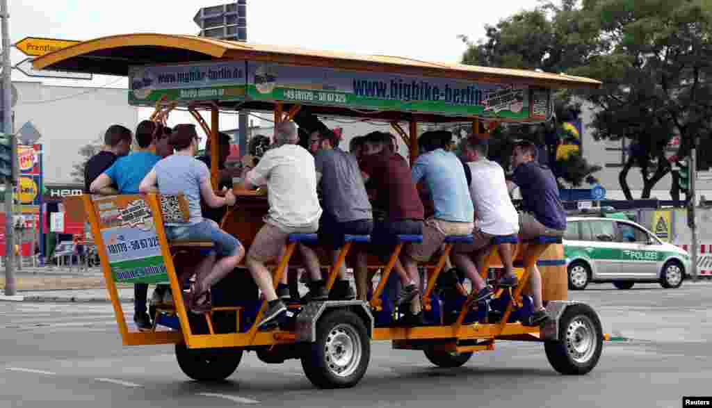 A so-called beer bike, where the participants paddle and drink beer during the tour, in Berlin, Germany, Sept. 17, 2016.