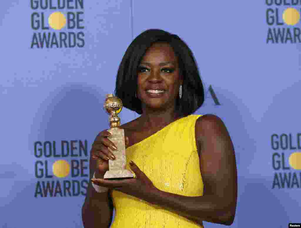 Viola Davis holds the award for Best Performance by an Actress in a Supporting Role in any Motion Picture for her role in "Fences" during the 74th Annual Golden Globe Awards in Beverly Hills, CA, Jan. 8, 2017. 