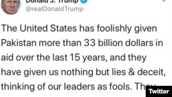 د نوي کال په وړمبي ټویټ کې د امریکې صدر ډانلډ ټرمپ وویل پاکستان ته یې په تیرو ١٦ کلونو کې ٣٣ ارب ډالر ورکړې دي خو په جواب کې ورسره پاکستان د دروغو او درغلۍ نه کار اخیستی دی