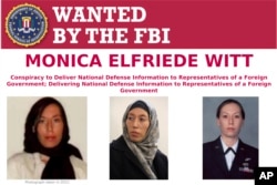 This image provided by the FBI shows part of the wanted poster for Monica Elfriede Witt. The former U.S. Air Force counterintelligence specialist who defected to Iran despite warnings from the FBI has been charged with revealing classified information to the Tehran government, including the code name and secret mission of a Pentagon program, prosecutors said Feb. 13, 2019.