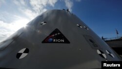 FILE - A test version of the Orion crew module is shown in San Diego, California, Jan. 25, 2018. 
