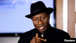 FILE - Nigerian President Goodluck Jonathan speaks to the media on the situation in Chibok.