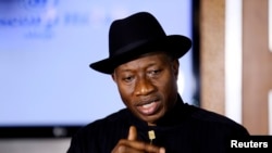 FILE - Nigerian President Goodluck Jonathan speaks to the media on the situation in Chibok.