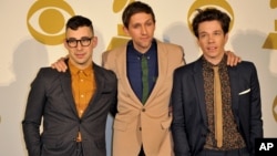 The band Fun, (L-R) Jack Antonoff, Andrew Dost and Nate Ruess pose for a photo backstage at the Grammy Nominations Concert Live! at Bridgestone Arena, December 5, 2012, in Nashville, Tenn. 