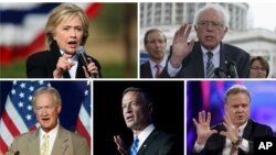 Democratic presidential candidates, clockwise, from top left, former Secretary of State Hillary Clinton, Vermont Senator Bernie Sanders, former Virginia Senator Jim Webb, former Maryland Governor Martin O'Malley and former Rhode Island Senator Lincoln Chafee.