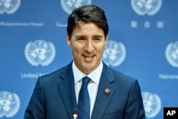 Canadian Prime Minister Justin Trudeau speaks during a press conference at U.N. headquarters, Sept. 26, 2018.
