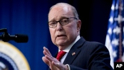 FILE - White House chief economic adviser Larry Kudlow speaks at an Opportunity Zone conference at the Eisenhower Executive Office Building, on the White House complex, April 17, 2019, in Washington.