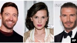This combination photo shows, from left, actor Hugh Jackman, actress Millie Bobby Brown and soccer legend David Beckham, who are aamong celebrities announced as participants and official supporters of the UNICEF initiative World Children’s Day on Nov. 20.