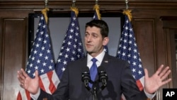 Chủ tịch Hạ viện Paul Ryan gặp các phóng viên tại Ủy ban Quốc gia đảng Cộng hòa ở điện Capitol, Washington, cho biết ông sẽ không làm ứng cử viên tổng thống của Đảng Cộng hòa, ngày 12 tháng 4 năm 2016.