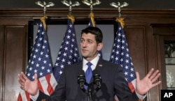 House Speaker Paul Ryan of Wis., addresses reporters at the Republican National Committee on Capitol Hill in Washington, ruling himself out of the Republican presidential race once and for all, April 12, 2016.