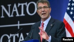 U.S. Secretary of Defense Ash Carter speaks at a news conference during a NATO defense ministers meeting at the alliance's headquarters in Brussels, Feb. 11, 2016. 