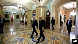 Sen. Mike Johanns, R-Neb., left, walks with Senate Minority Leader Mitch McConnell from Kentucky, to the Senate floor for a vote on the fiscal cliff on Capitol Hill, January 1, 2013.