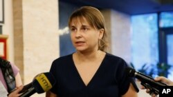 Olesya Bilousova, the chief executive of Intellect Service, which developed M.E.Doc accounting software, speaks to journalists following a round table on last week's cyber attack in Kiev, Ukraine July 5, 2017.